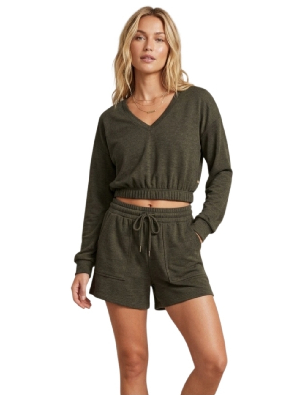 ACTIVE USA Set of Green Grey Cropped Top & Drawstring Shorts w/ Pockets NWOT